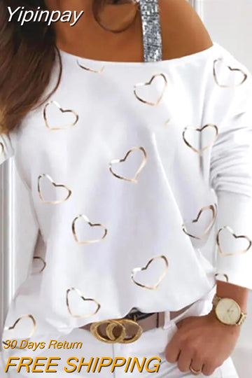Yipinpay New Casual Tee Women's Tops Heart Pattern Sequins Cold Shoulder Long Sleeve T-Shirt Women's Clothing Autumn Spring